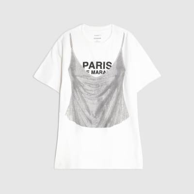 White Short Sleeve Glitter Cami Paris T-shirt