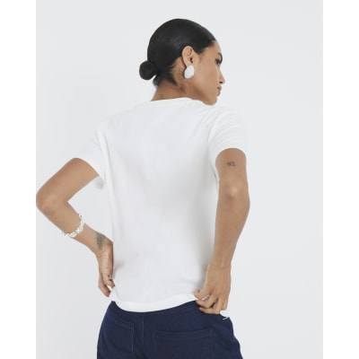 White Short Sleeve Heart Diamante T-shirt