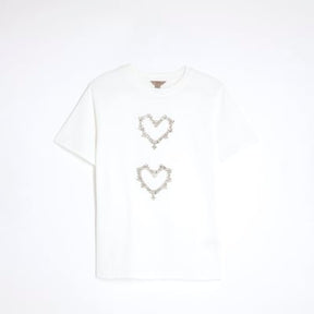 White Short Sleeve Heart Diamante T-shirt