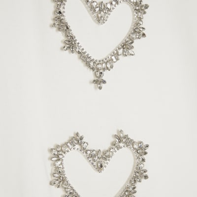 White Short Sleeve Heart Diamante T-shirt