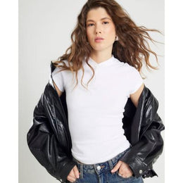 White Short Sleeve High V Neck Ribbed Top