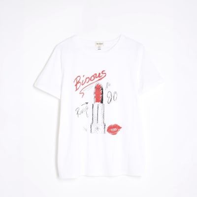 White Short Sleeve Lipstick Diamante T-shirt