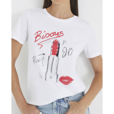 White Short Sleeve Lipstick Diamante T-shirt