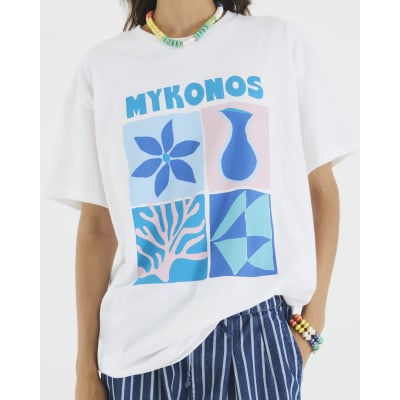White Short Sleeve Mykonos Print T-shirt
