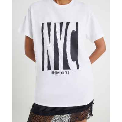 White Short Sleeve NYC Diamante T-shirt