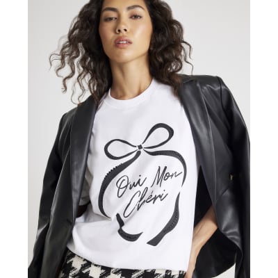 White Short sleeve Oui Mon Cheri Bow T-shirt