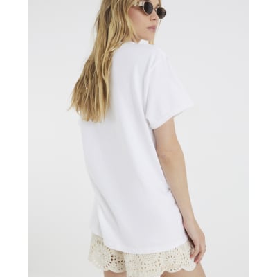 White Short Sleeve Palm Tree Crochet T-shirt
