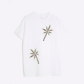 White Short Sleeve Palm Tree Crochet T-shirt
