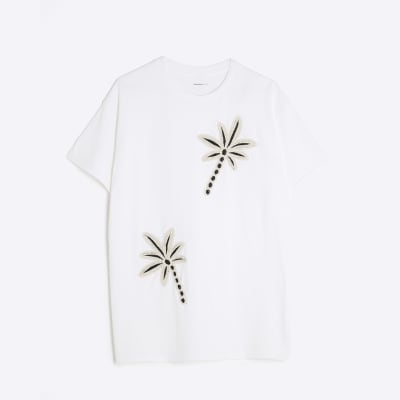 White Short Sleeve Palm Tree Crochet T-shirt