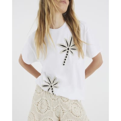 White Short Sleeve Palm Tree Crochet T-shirt