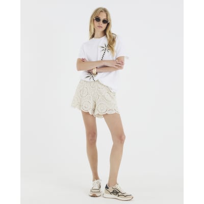 White Short Sleeve Palm Tree Crochet T-shirt