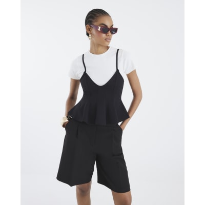 White Short Sleeve Peplum Cami Hybrid Top