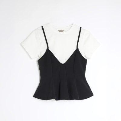 White Short Sleeve Peplum Cami Hybrid Top
