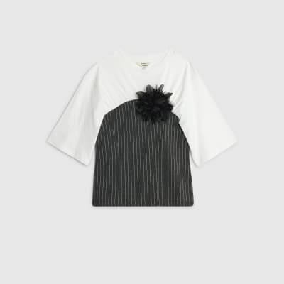 White Short Sleeve Pinstripe Hybrid T-shirt