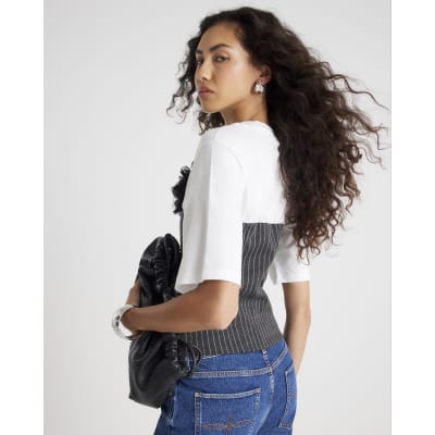 White Short Sleeve Pinstripe Hybrid T-shirt