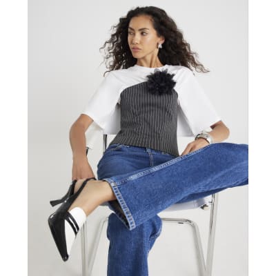 White Short Sleeve Pinstripe Hybrid T-shirt