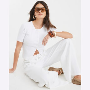 White Short Sleeve Ribbed Button Through Top