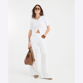 White Short Sleeve Ribbed Button Through Top