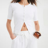 White Short Sleeve Ribbed Button Through Top