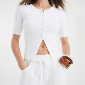 White Short Sleeve Ribbed Button Through Top