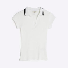 White Short Sleeve Ribbed Polo Top
