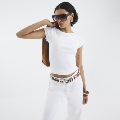 White Short Sleeve Ribbed Top