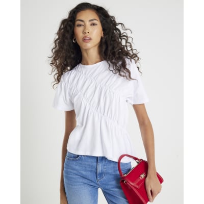 White Short Sleeve Ruched Front T-shirt