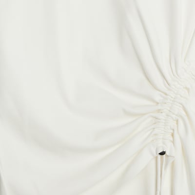 White Short Sleeve Ruched Side Toggle T-shirt