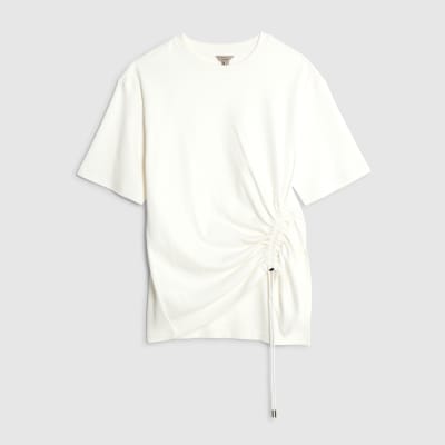 White Short Sleeve Ruched Side Toggle T-shirt