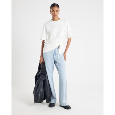 White Short Sleeve Ruched Side Toggle T-shirt