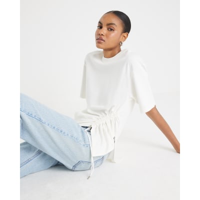 White Short Sleeve Ruched Side Toggle T-shirt