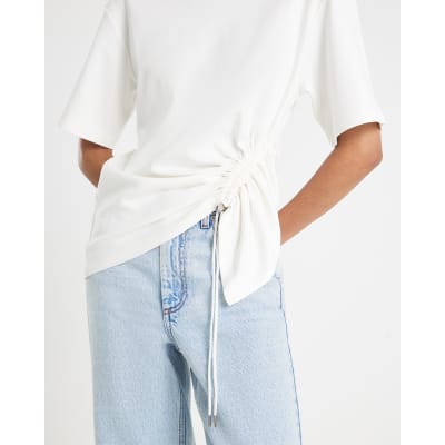 White Short Sleeve Ruched Side Toggle T-shirt