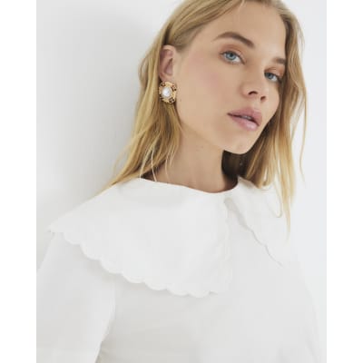 White Short Sleeve Scallop Hem Collar T-shirt