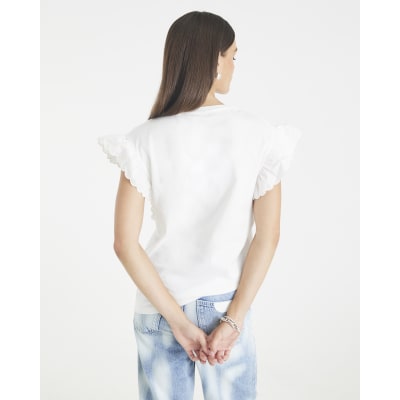 White Short Sleeve Scallop Trim T-shirt