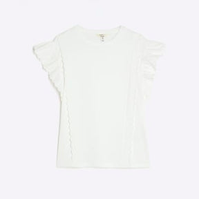 White Short Sleeve Scallop Trim T-shirt