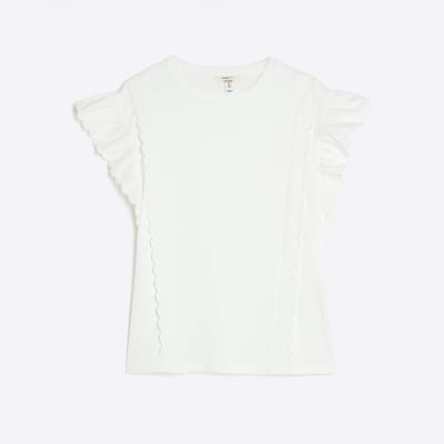 White Short Sleeve Scallop Trim T-shirt
