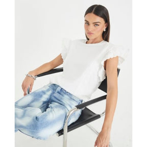 White Short Sleeve Scallop Trim T-shirt