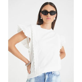 White Short Sleeve Scallop Trim T-shirt