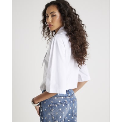 White Short Sleeve Scarf Neck T-shirt