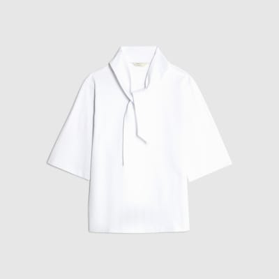 White Short Sleeve Scarf Neck T-shirt