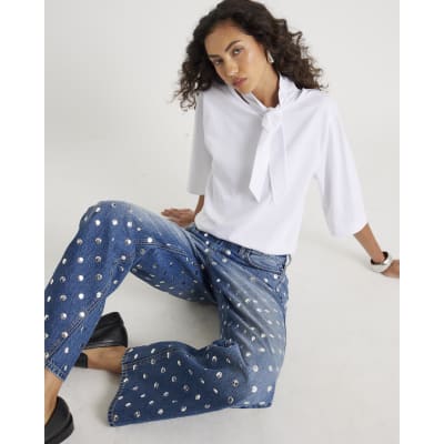 White Short Sleeve Scarf Neck T-shirt