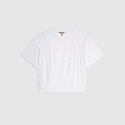 White Short Sleeve Shoulder Pleat T-Shirt