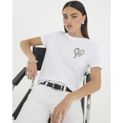 White Short Sleeve Snake Detail T-shirt