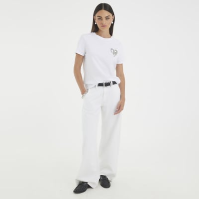 White Short Sleeve Snake Detail T-shirt
