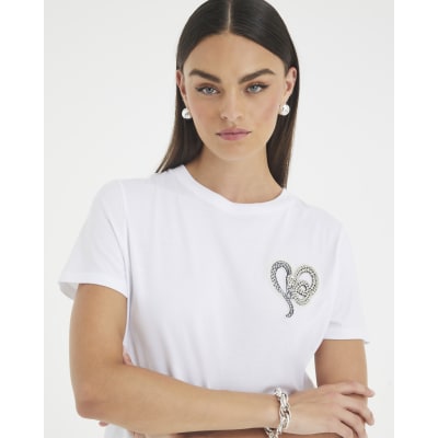 White Short Sleeve Snake Detail T-shirt