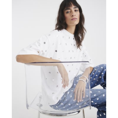 White Short Sleeve Studded T-shirt