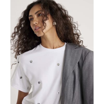 White Short Sleeve Studded T-shirt