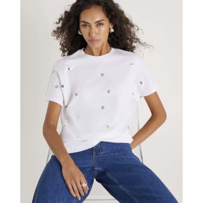 White Short Sleeve Studded T-shirt