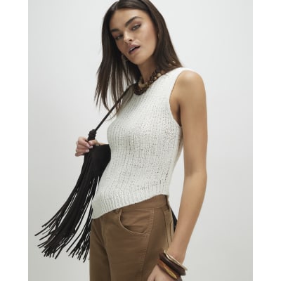 White Sleeveless Asymmetric Knit Vest Top