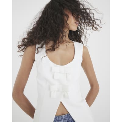 White Sleeveless Bow Top